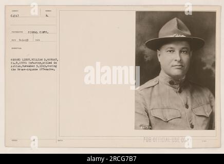 Zweiter Leutnant William D. Morgan von Co E, 126. Infanterie, wurde leider am 9. November 1919 während der Maas-Argonne-Offensive getötet. Dieses Foto wurde von einem Fotografen des Signalkorps aufgenommen und ist ein Rekord von Lieutenant Morgans Tapferkeit und Opferbereitschaft. Dieses Bild ist Teil des offiziellen Archivs und nur für den offiziellen Gebrauch gekennzeichnet. Stockfoto