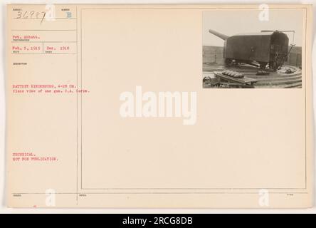Nahaufnahme einer 28-cm-Pistole von B Battery Hindenburg am 1918. Dezember. Das Foto hat die Nummer 36987 und wurde von Gefreiter Abbott aufgenommen. Es wurde als technische Information klassifiziert und sollte nicht veröffentlicht werden. Ausgestellt von C.A. Corps am 5. Februar 1919. Stockfoto