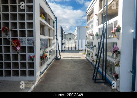 Berühmter öffentlicher Friedhof Sara Braun von Punta Arenas, Chile oder Cementerio mit weißen Mauern und Grabsteinfriedhöfen Stockfoto