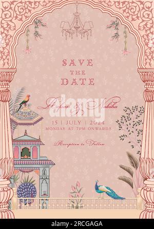 Einladungskarte im traditionellen indischen Stil mit Mogul-Motiv. Bewahren Sie die Einladungskarte mit Dekorelementen zum Drucken von Vektoren auf Stock Vektor