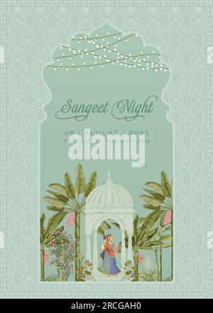 Mogul-Hochzeitskarte. Mogul-Sangeet-Nacht-Einladungskarte-Design zum Drucken von Vektorbildern. Stock Vektor