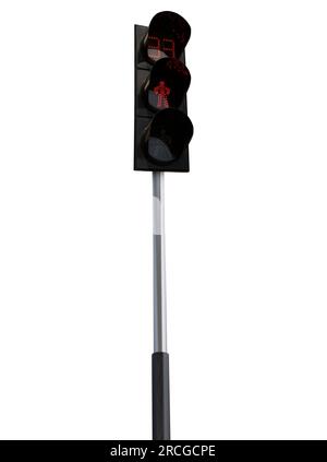 Ampel mit Fußgängersignalen und Stange auf weißem Hintergrund, niedrige Sicht Stockfoto