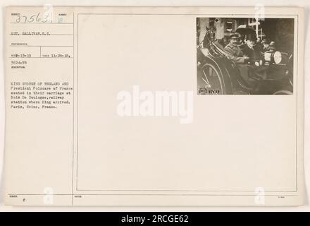 König George von England und Präsident Poincare von Frankreich saßen in ihrer Kutsche am Bahnhof Bois De Boulogne. Das Foto wurde am 28. November 1918 in Paris, Frankreich, aufgenommen. Es ist ein offizielles Bild von S.C. Gallivan, Fotograf der US-Armee. Stockfoto