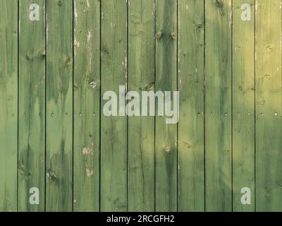 Struktur einer Holzwand, die grün gestrichen ist. Holzmaserung mit Sonnenlichtflecken. Abstraktes Hintergrundbild vertikaler Holzbohlen. Stockfoto