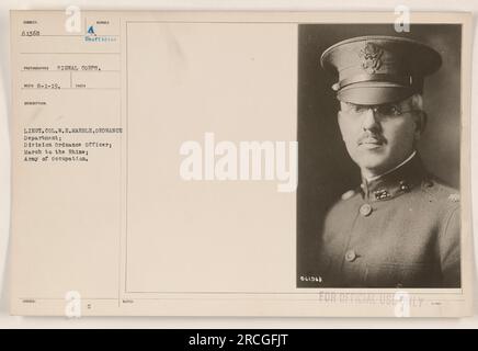 Oberstleutnant W.E. Marble, vom Ordnanzamt, diente während des Marsches zum Rhein als Divisionsoffizier, als Teil der Besatzungsarmee. Dieses Foto, aufgenommen vom Signalkorps und erhalten am 1. August 1919, zeigt LT. Oberstleutnant Marble. Die Beschreibungsnummer ist inoffiziell und nur zur amtlichen Verwendung bestimmt. Stockfoto