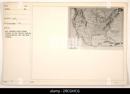 Foto einer Karte mit den wichtigsten Handelsrouten der USA, Kanadas, Mexikos und der Westindischen Inseln. Die Karte zeigt die strategischen wirtschaftlichen Verbindungen zwischen diesen Regionen Anfang des 20. Jahrhunderts auf. Es wird vermerkt, dass dieses Bild am 19. Februar 1921 von dem Fotografen HOMBER 62545 aufgenommen wurde. Stockfoto