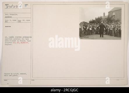 Die Ansprache amerikanischer Soldaten durch Samuel Gompers, den Präsidenten der American Federation of Labor, im Rase Hospital Nr. 37 in Dartford, England. Die Soldaten auf dem Foto wurden im Ersten Weltkrieg in Frankreich verwundet Das Foto wurde am 26. August 1918 mit der Negativzahl 24204 aufgenommen. Aus den Informationen auf der Rückseite geht hervor, dass das Foto empfangen und verarbeitet wurde, aber das Datum der Zensur ist unbekannt. Der Fotograf ist Pvt. Prunelle. Stockfoto