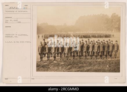 Soldaten von der Universität von Kalifornien, Berkeley S.A.T.C. Auf dem Bohrfeld wird man gesehen. Dieses Foto wurde am 30. Januar 1919 auf dem Campus der University of California in Berkeley aufgenommen. Die Referenznummer für das Bild ist 53501. Stockfoto