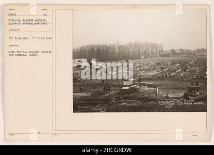 Chemical Warfare Service, Edgewood Arsenal, MD. Dieses Foto wurde am 27. Februar 1918 aufgenommen und zeigt den Standort einer US-Tankstelle und eines Chemiewerks in Edgewood Arsenal. Das Bild wurde von einem nicht identifizierten Fotografen aufgenommen und am 19. Februar 1921 erhalten. Bitte beachten Sie, dass das Bild mit den Symbolen „460201“ und „HUGHED Co PHOTO US FILLING STAR-27-18“ gekennzeichnet ist. CHEMIEWERK 2,3 MISCHBLOGS. #24 3-'. Stockfoto