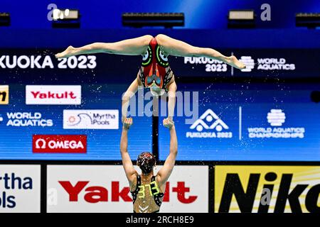 Fukuoka, Japan. 15. Juli 2023. Team Japan tritt während der Aquatics World Championships 20. in der Marine Messe Hall A in Fukuoka (Japan) am 15. Juli 2023 in der akrobatischen Routine an. Kredit: Insidefoto di andrea staccioli/Alamy Live News Stockfoto