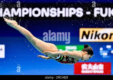 Fukuoka, Japan. 15. Juli 2023. Team Japan tritt während der Aquatics World Championships 20. in der Marine Messe Hall A in Fukuoka (Japan) am 15. Juli 2023 in der akrobatischen Routine an. Kredit: Insidefoto di andrea staccioli/Alamy Live News Stockfoto