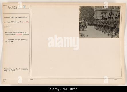 Britische Truppen, die an einer Parade zum amerikanischen Unabhängigkeitstag in Havre, Frankreich, teilnehmen. Das Foto wurde am 4. Juli 1918 von Pvt. R. M. Barnes aufgenommen. Sie ging am 24. August 1918 ein und wurde von der A.E.F. genehmigt Zensor am 2. August 1918. Stockfoto