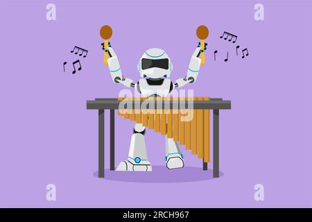 Der aktive Roboter-Perkussion-Spieler spielt Marimba beim Musik-Folk-Festival. Robotermusiker künstliche Intelligenz. Elektronische Technik Stockfoto