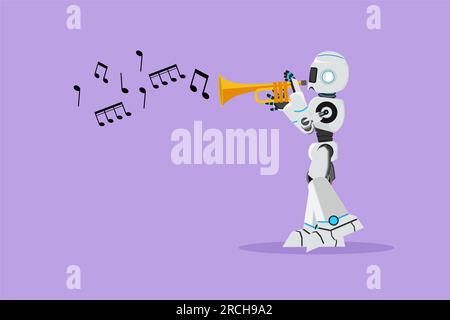 Flacher Zeichnungsroboter im Cartoon-Stil, der beim Jazzmusikorchester Trompete spielt. Zukünftige Entwicklung der Robotertechnologie. Künstliche Intelligenz, maschinelles Lernen Stockfoto