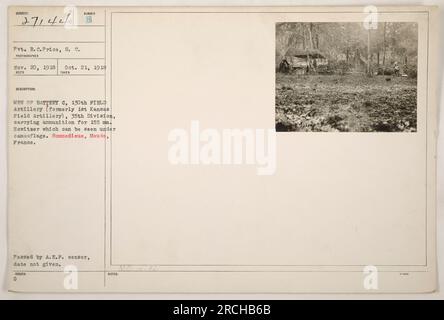 Gruppe von Soldaten von Batterie C, 130. Feldartillerie, 35. Division, transportiert Munition für 155 mm. Howitzer, der in Tarnung verborgen ist. Das Foto wurde von Pvt. R. C. Price vom Signalkorps am 21. Oktober 1918 in Sommedieue, Mause, Frankreich, aufgenommen. Genehmigt von A.E.F. Zensor. Stockfoto