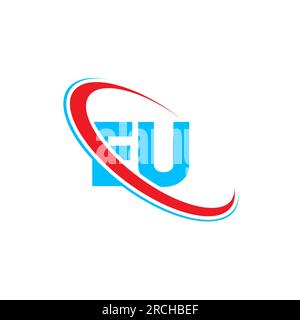 Logo mit EU E U-Buchstaben. Anfangsbuchstabe EU-gebundenes kreisförmiges Monogramm-Logo in Großbuchstaben, rot und blau. EU-Logo, E U-Design Stock Vektor