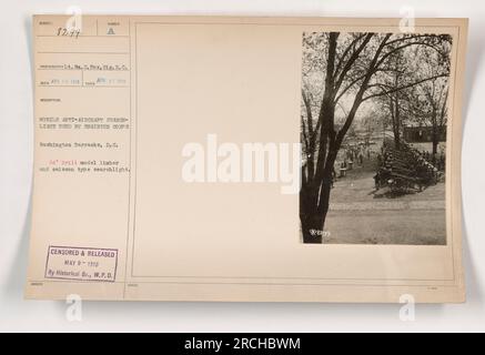 Bildunterschrift: "Mobile Flugabwehr-Searchlight vom Ingenieurkorps in Washington Barracks, D.C. am 17. April 1918. Der 24' Brill Modell Limber und Caisson Typ Suchscheinwerfer wurde für militärische Aktivitäten eingesetzt. Zensiert und am 9. Mai 1918 von der Historischen Abteilung W.P.D. veröffentlicht Anmerkungen: 988599' Stockfoto