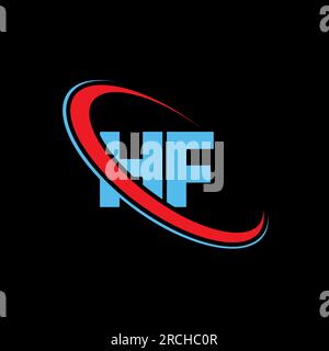 Logo-Design mit HF- und H F-Buchstaben. Anfangsbuchstabe „HF Linked Circle“ (HF-Verknüpfung), Monogramm-Logo in Großbuchstaben, rot und blau. HF-Logo, H-F-Design Stock Vektor