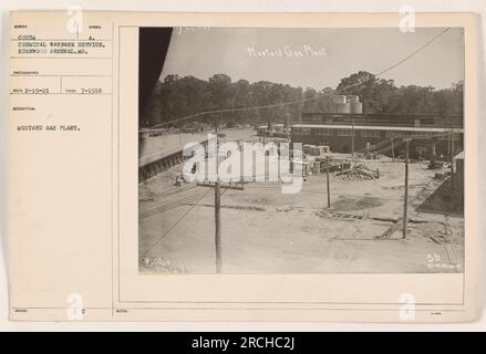 Ein Foto einer Senfgasanlage in Edgewood Arsenal, MD, aufgenommen im Juli 1918. Die Abbildung zeigt das Symbol Nummer 60054 A, das zum Chemical Warfare Service gehört. Das Foto ging am 19. Februar 1921 ein. In der Beschreibung ist angegeben, dass es sich um die Senfgasanlage 59 handelt, mit zusätzlichen Koordinaten, die den Standort angeben. Stockfoto