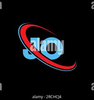 „JO J O“-Logo. Anfangsbuchstabe JO verbunden kreisförmiges Monogramm-Logo in Großbuchstaben rot und blau. JO-Logo, JO-Design Stock Vektor