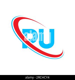 PU P U-Logo-Design. Anfangsbuchstabe PU-Verbund kreisförmiges Monogramm in Großbuchstaben, rot und blau. PU-Logo, P U-Design Stock Vektor
