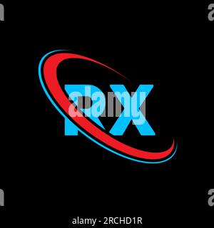 RX R X Logo-Design. Anfangsbuchstabe RX gekoppelt Kreis Monogramm in Großbuchstaben Logo rot und blau. RX-Logo, R X-Design. rx, R x Stock Vektor