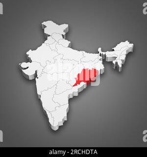 Karte des Bundesstaats Odisha innerhalb Indiens. 3D Abbildung Stockfoto