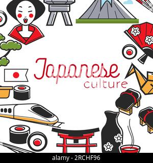 Reisen Sie japanische Kultur Japans Symbole umrahmen den Tourismus Stock Vektor