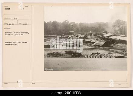 Bau einer Senfgasanlage in Edgewood Arsenal, MD. Durch den Chemischen Kriegsdienst im Ersten Weltkrieg Das Foto (SUNSER 60133) wurde von S.C. am 19. Februar 1921 aufgenommen. Diese Abbildung zeigt die Anlage in ihren frühen Stadien und ist mit dem Symbol 188 gekennzeichnet. Es wird auch darauf hingewiesen, dass 1918 Steuern für dieses Projekt entrichtet wurden. Stockfoto