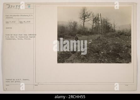 Ein Foto, aufgenommen am 2. Januar 1919, von Sergeant Morris Pineberg von der 8. Infanteriefirma. Das Bild zeigt eine Straße in der Nähe der 79. Division P.C., mit Bois de Consenvoye im Hintergrund. Das Foto ging ein und wurde am 10. November 1918 aufgenommen. Es wurde von der A.E.P. übergeben Zensor, obwohl das genaue Datum unbekannt ist. Bildunterschrift von Sergeant Pineberg. Stockfoto