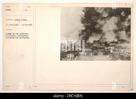 San Francisco, Kalifornien nach dem verheerenden Erdbeben – Kohl, Merchant Exchange und Mills Buildings im Hintergrund. Dieses Foto wurde 1921 vom Signalkorps aufgenommen und zeigt die Folgen des Erdbebens von 1906. Das Bild erfasst die Szenen der Zerstörung und dient als Erinnerung an das katastrophale Ereignis. Stockfoto