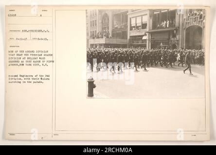 Soldaten der Second Division, bekannt für ihren Sieg über die Preußische Garde in Belleau Wood, jubeln, während sie in New York City die Fifth Avenue hochmarschieren. Die Zweitingenieure der 2. Division, die ihre Farben tragen, nehmen an der Parade Teil. Dieses Foto wurde von Sergeant Steiniger am 8. August 1919 aufgenommen und am 19. August 1919 erhalten. Sie erhält die Nummer 62418 von Synol Photographer. Hinweis: Herr 420 1-0 Stockfoto