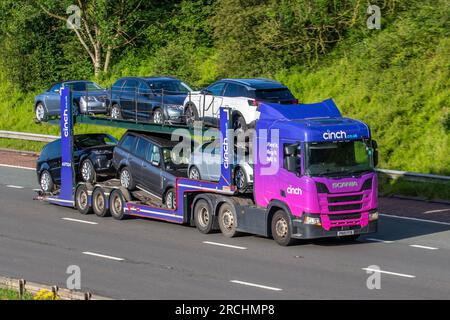 CINCH 6 Carrier; Autobahntransporter für schwere Massenguttransporte LKWs, Transport, BCA-Abholung und -Lieferung, Lkw, Spezialfracht, Scania Diesel12742 cm3 Lieferung, Transport, Industrie, Second Hand Cars auf der M6 in Greater Manchester, Großbritannien Stockfoto