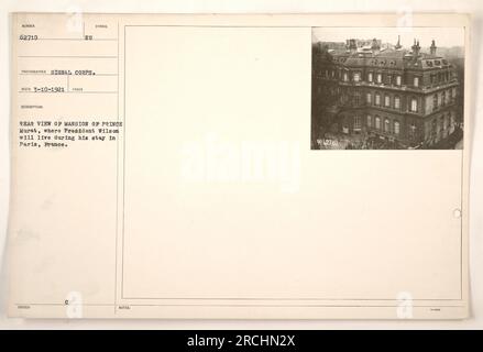 Rückblick auf Prinz Murats Herrenhaus in Paris, wo Präsident Wilson während seines Besuchs in Frankreich wohnte. Dieses Foto wurde vom Signalkorps am 10. März 1921 aufgenommen. Das Bild zeigt die Villa, gekennzeichnet durch ein BU-Symbol, und dient als Aufzeichnung von Präsident Wilsons Unterkunft. Stockfoto