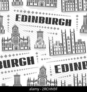 Vector Edinburgh Seamless Pattern, sich wiederholender Hintergrund mit Illustration der europäischen historischen stadtlandschaft in edinburgh auf weißem Hintergrund, monochrom Stock Vektor