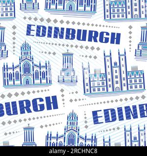 Vector Edinburgh Seamless Pattern, wiederkehrender Hintergrund mit Illustration der berühmten europäischen stadtlandschaft edinburghs auf weißem Hintergrund für Bettwäsche, Deko Stock Vektor