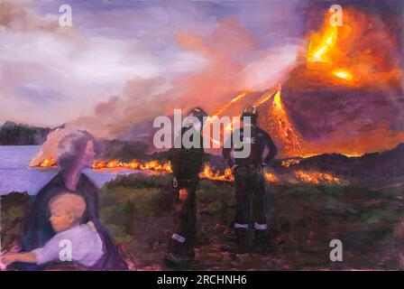 Evacuacion en La Palma, Feuerwehr der Armee, die während des Vulkanausbruchs in La Palma ein Feuer auslöste, Öl auf Leinwand, Sara Salinas Jimenez, Mallorca, Baleari Stockfoto