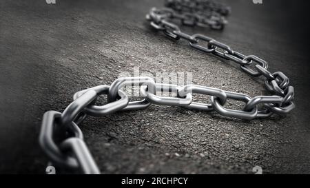 Langen, gebogenen Eisen Kette auf den Boden. 3D-Darstellung. Stockfoto