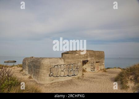 Skagen, Dänemark, 19. Mai 2023: Bunker in Cape Grenen Stockfoto