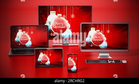 Christbaumkugeln Hintergrund auf Smart TV, Monitor, Tablet-PC, PC, Smartphone und Laptop. Stockfoto