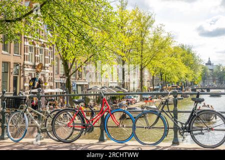 Niederlande. Sonniger Sommertag in Amsterdam. Geparkte Fahrräder auf der Brücke über den Kanal. Kleines Straßencafe am Ufer Stockfoto