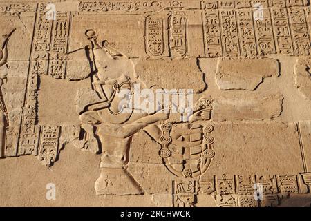 Alte ägyptische Hieroglyphen an den Mauern des Kom Ombo Tempels (Sobek & Horus) in Assuan, Oberägypten Stockfoto