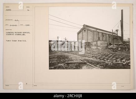 Dies ist ein Bild des Power House am Edgewood Arsenal in Maryland. Es war Teil des Chemiekriegsdienstes im Ersten Weltkrieg. Das Foto wurde am 19. Februar 1921 vom Fotografen S.C. Seco aufgenommen. Das Bild ist mit dem Symbol „SUMBER 60353“ gekennzeichnet und wurde 1918 mit Steuern ausgestellt. Die Beschreibung besagt, dass es das Power House ist, aus dem Nordosten betrachtet. Aus den Notizen geht hervor, dass das Foto im September 1918 von Hughes Co. Aufgenommen wurde. Es ist als die USA bezeichnet Befüllung des Sta Power House von LE #19. Stockfoto