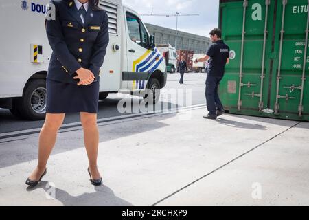 Nicolas Landemard/Le Pictorium - Vorstellung der Beschlagnahmen von Kokain im Hafen von Antwerpen - 12/7/2023 - Belgien/Flandern/Antwerpen - Ausführungen des Finanzministers Vincent Van Peteghem, Und dem Generalverwalter für Zoll und Verbrauchsteuern, Kristian Vanderwaeren, über die Ergebnisse der Beschlagnahmen von Kokain im Hafen von Antwerpen nach den ersten 6 Monaten des Jahres 2023. Der Zoll stellte der Presse auch den Modus operandi für die Kontrolle und Beschlagnahme von Containern vor. Dazu gehören ein Scannerauto und ein Spürhund. Sobald der Container geöffnet wurde, öffnen die Beamten die Beutel oder Kisten nach dem Zufallsprinzip. Wenn Pot Stockfoto