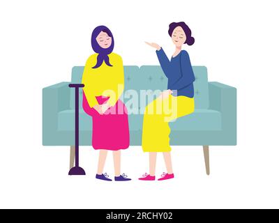 Zwei ältere Mädchen im Seniorenalter, die lässige Kleidung tragen, auf dem Sofa sitzen, moderne Einrichtung, komfortable Möbel Stock Vektor