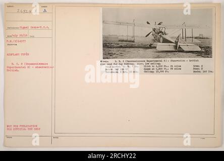 Ein Foto eines britischen Flugzeugs der R.E.8, aufgenommen von Signal Corps-U. S.A., am 29. Juli 1918. Dieses Flugzeug wurde während des Ersten Weltkriegs zur Aufklärung und für Tagesbombenangriffe verwendet. Er hatte eine Spannweite von 42 Fuß 7 Zoll und wurde von einem RAF-Motor mit 150 PS angetrieben. Er hatte eine Ausdauer von 3 Stunden und 30 Minuten und konnte in 21 Meilen auf 6.500 Fuß steigen. Seine Höchstgeschwindigkeit von 6.500 Fuß betrug 98 Meilen pro Stunde und hatte eine Decke von 13.000 Fuß. Es hatte eine 2-köpfige Crew, mit 2 Waffen und einer Nutzlast von 160 Pfund. Stockfoto