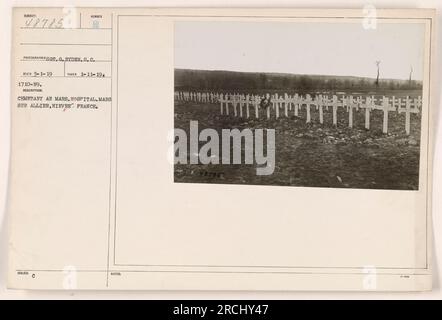 Friedhof im Mars Hospital in Mars Sur Allier, Nievre, Frankreich. Dieses Foto, aufgenommen von Sergeant G. Ryden am 1. März 1919, zeigt einen nummerierten Friedhof, ausgestellt vom AR Mars Hospital. Der Standort ist bekannt als Mars Sur Allier, Nievre, Frankreich. Stockfoto