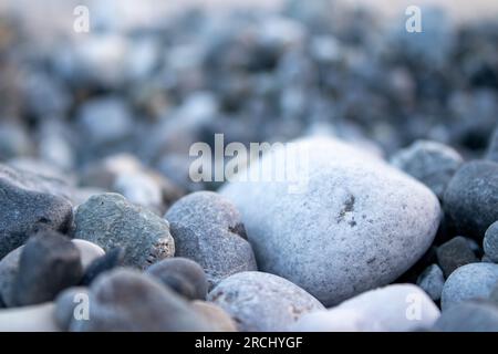 Strandsteine. Kleine Meeressteine, Kies. Hintergrund. Texturen. Stockfoto