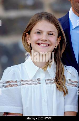 Borgholm, Schweden. 14. Juli 2023. Prinzessin Estelle von Schweden in der Borgholms Slottsruin in Borgholm, am 14. Juli 2023, zur Feier der Kronprinzessin Victoria zum 46. Geburtstag Gutschrift: Albert Nieboer/Netherlands OUT/Point De Vue OUT/dpa/Alamy Live News Stockfoto