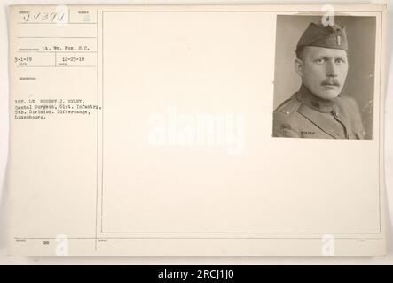 LT. William Fox hat am 23. Dezember 1918 ein Foto von 1. LT. Robert J. Exley gemacht, einem Zahnchirurgen in der 61. Infanterie der 5. Division. Das Foto wurde in Differdange, Luxemburg, aufgenommen. Dieses Foto hat die Nummer 44394 in der Sammlung und gehört zur HICD-Serie. Stockfoto